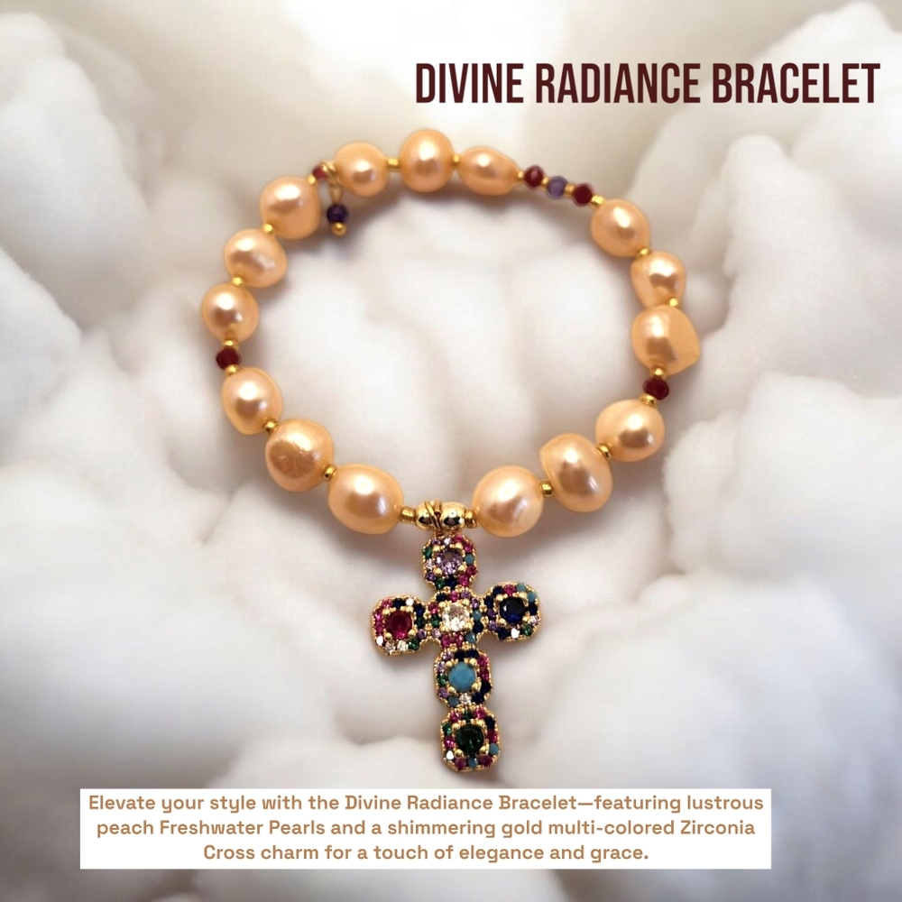 Peach Freshwater Pearls bracelet with Multi-coloured Zirconia Cross